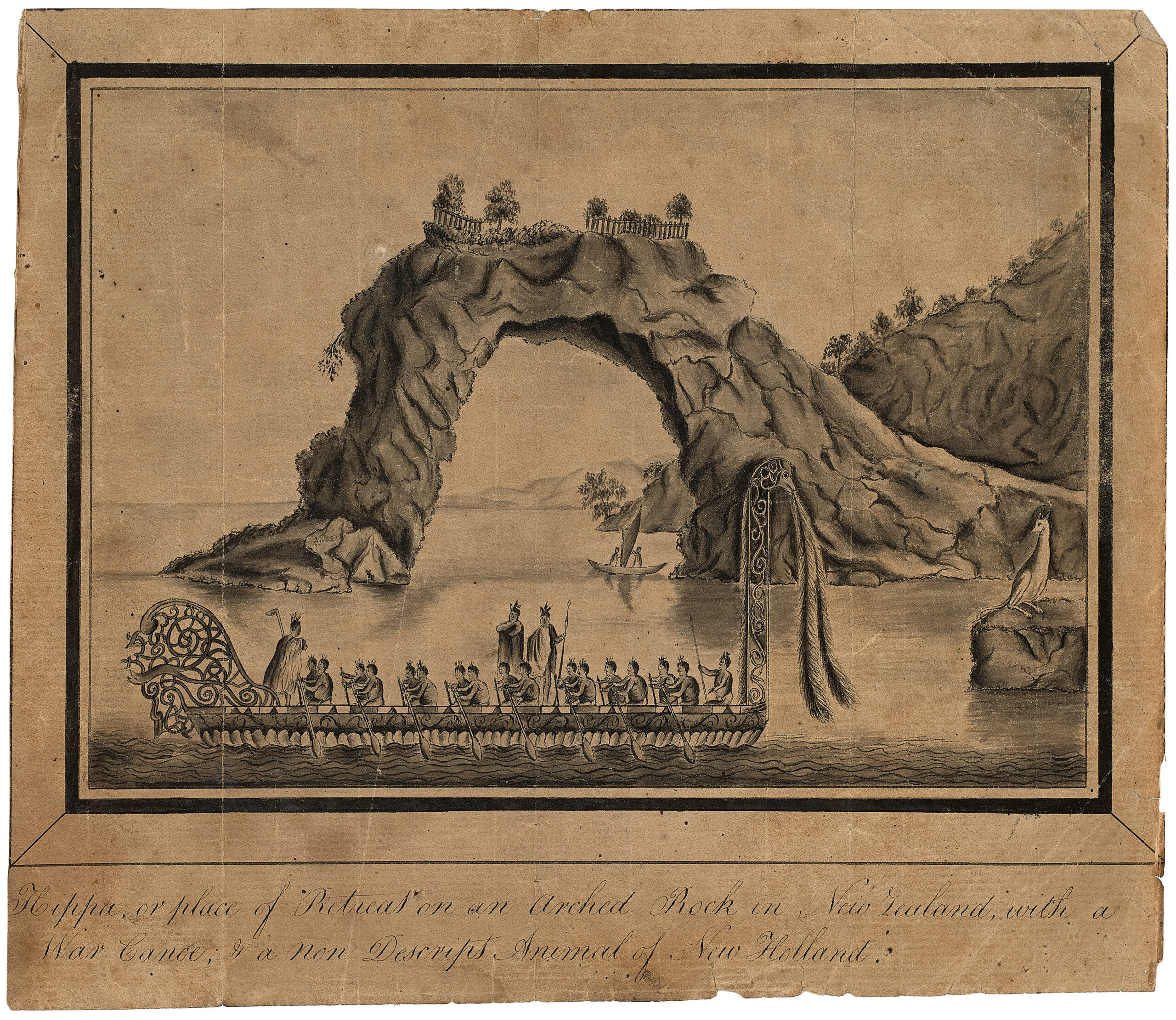 HIPPA OR PLACE OF RETREAT ON AN ARCH’D ROCK IN NEW ZEALAND WITH A WAR CANOE: & A NONDESCRIPT ANIMAL OF NEW HOLLAND
