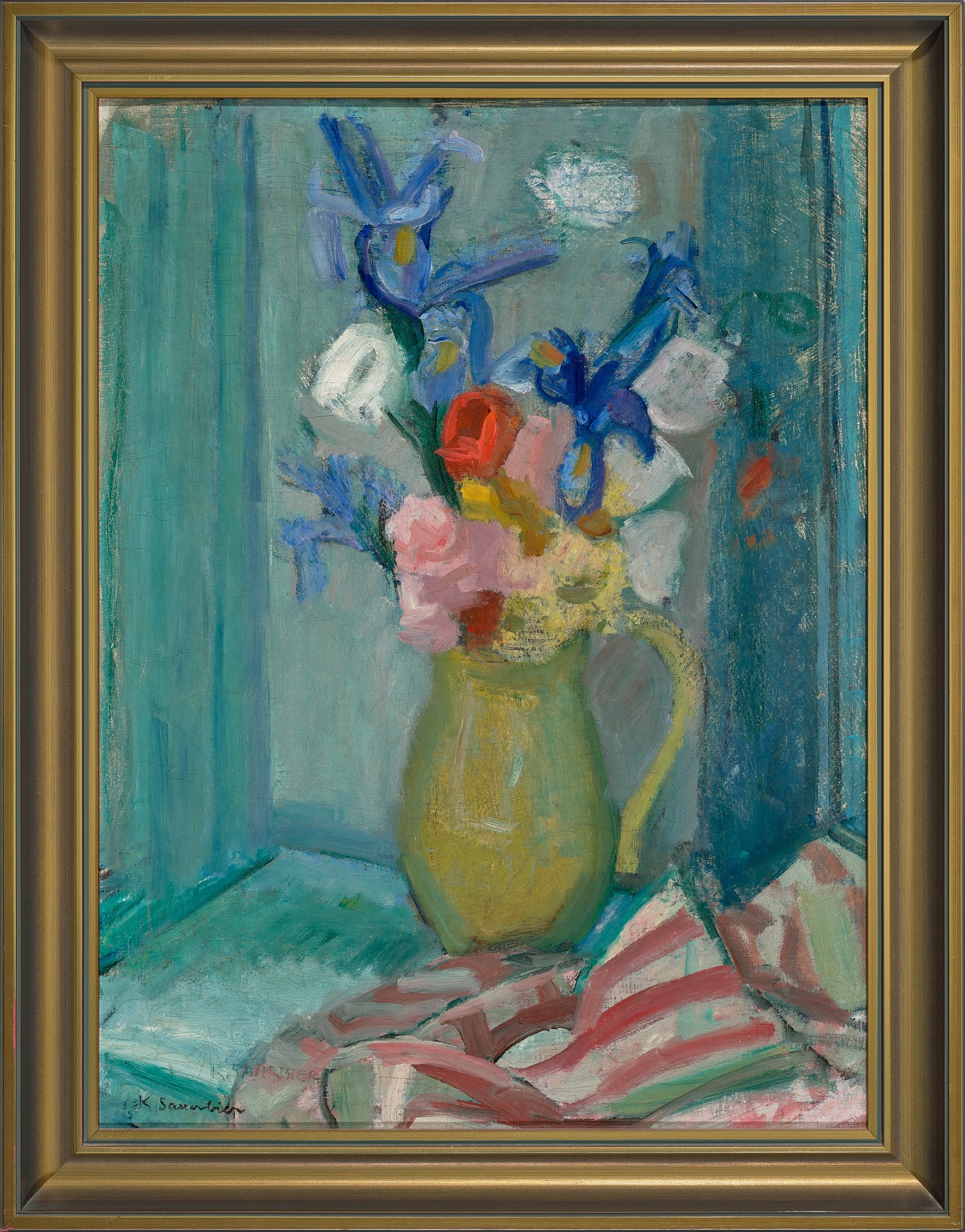 FLOWERS IN GREEN CERAMIC JUG
