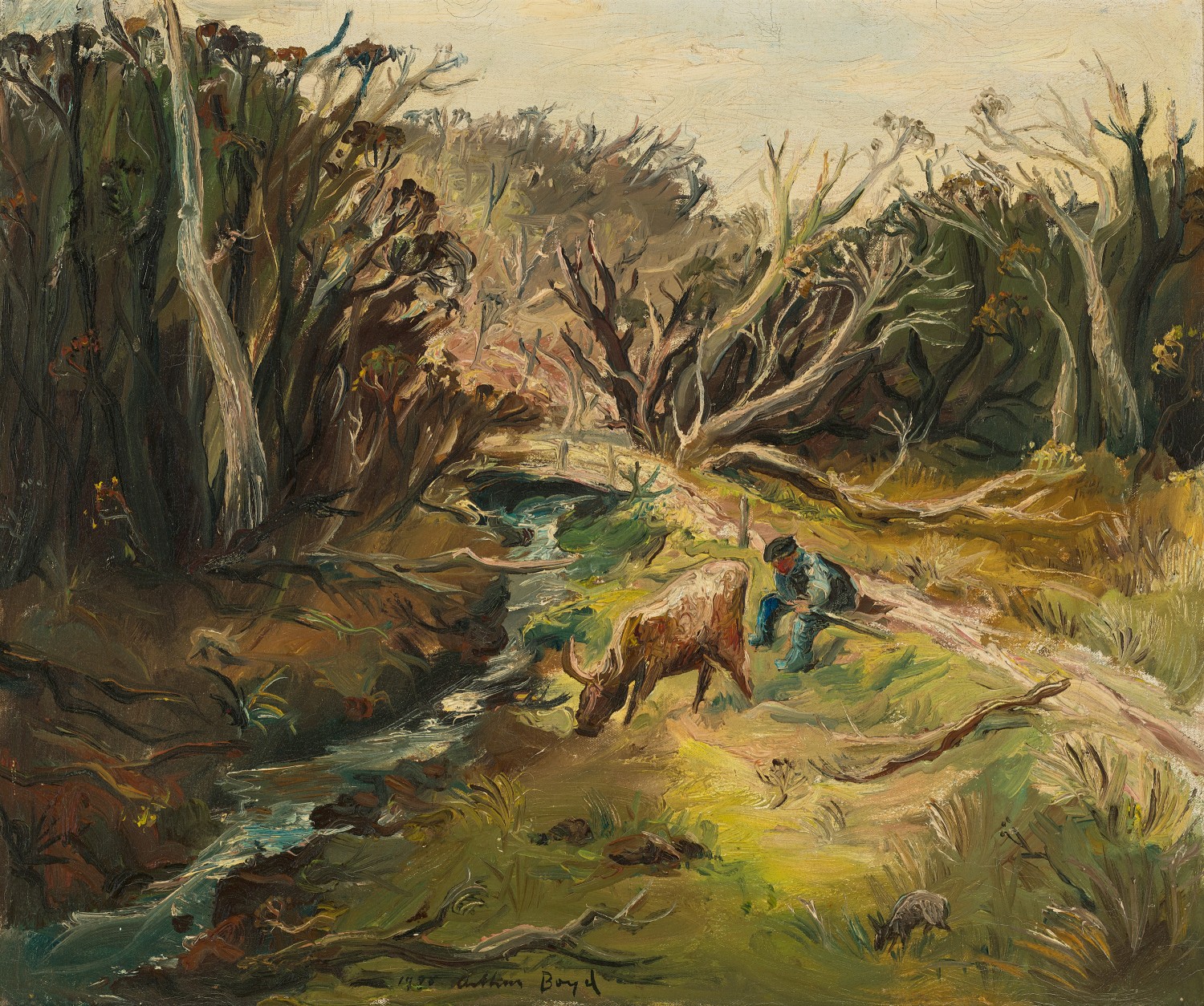 BERWICK LANDSCAPE WITH FARMER AND CREEK