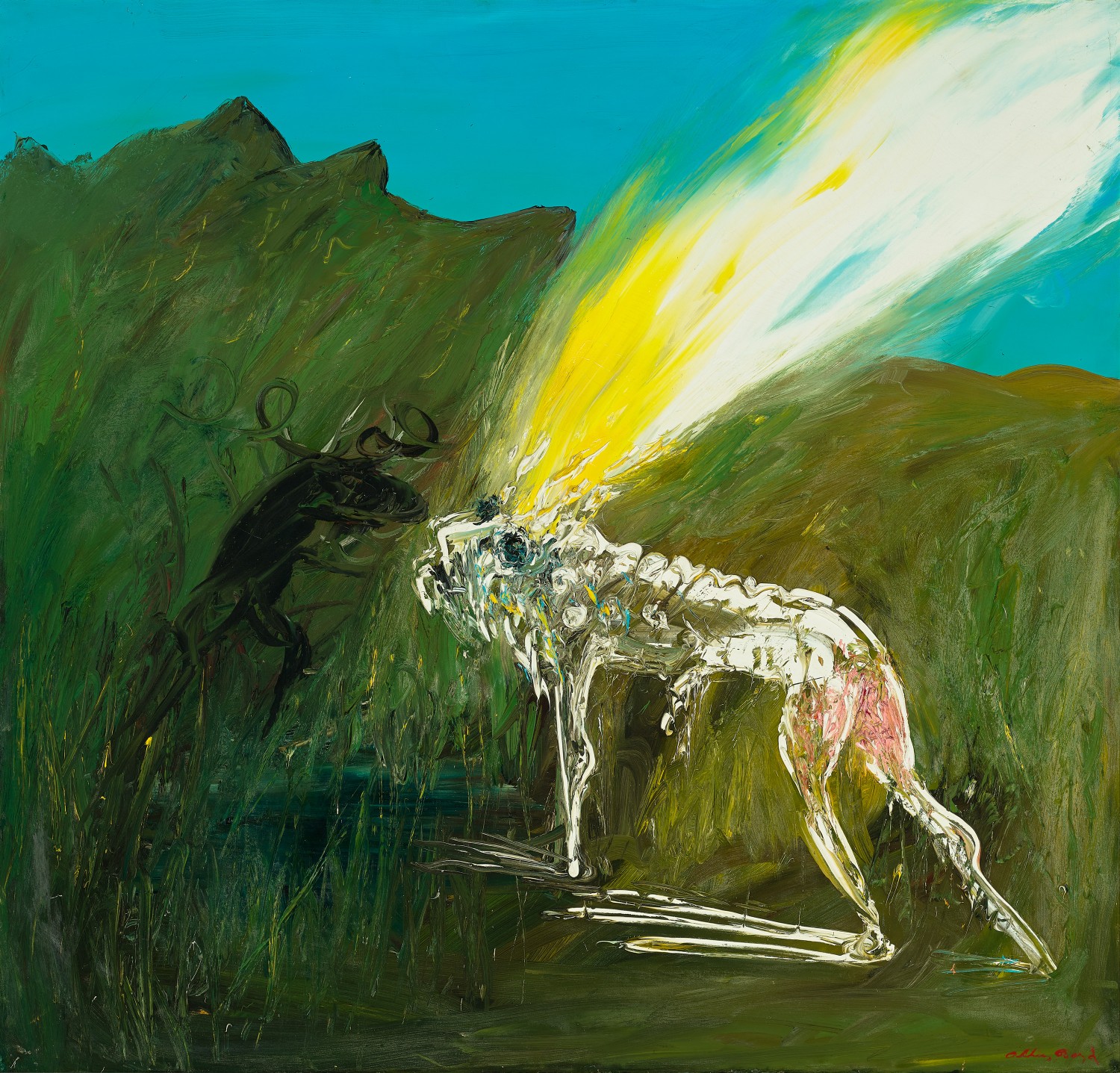 NEBUCHADNEZZAR BEING STRUCK BY LIGHTNING IN A ROCKY LANDSCAPE WITH BLACK RAM