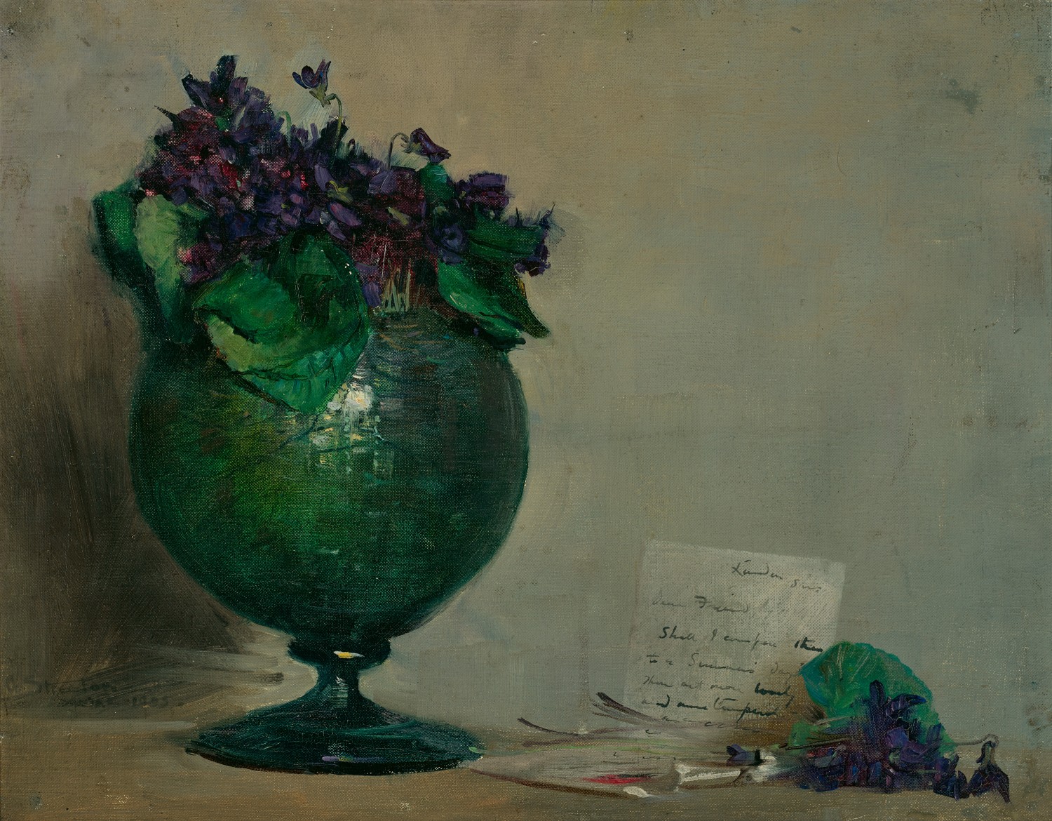 STILL LIFE WITH GREEN VASE AND VIOLETS