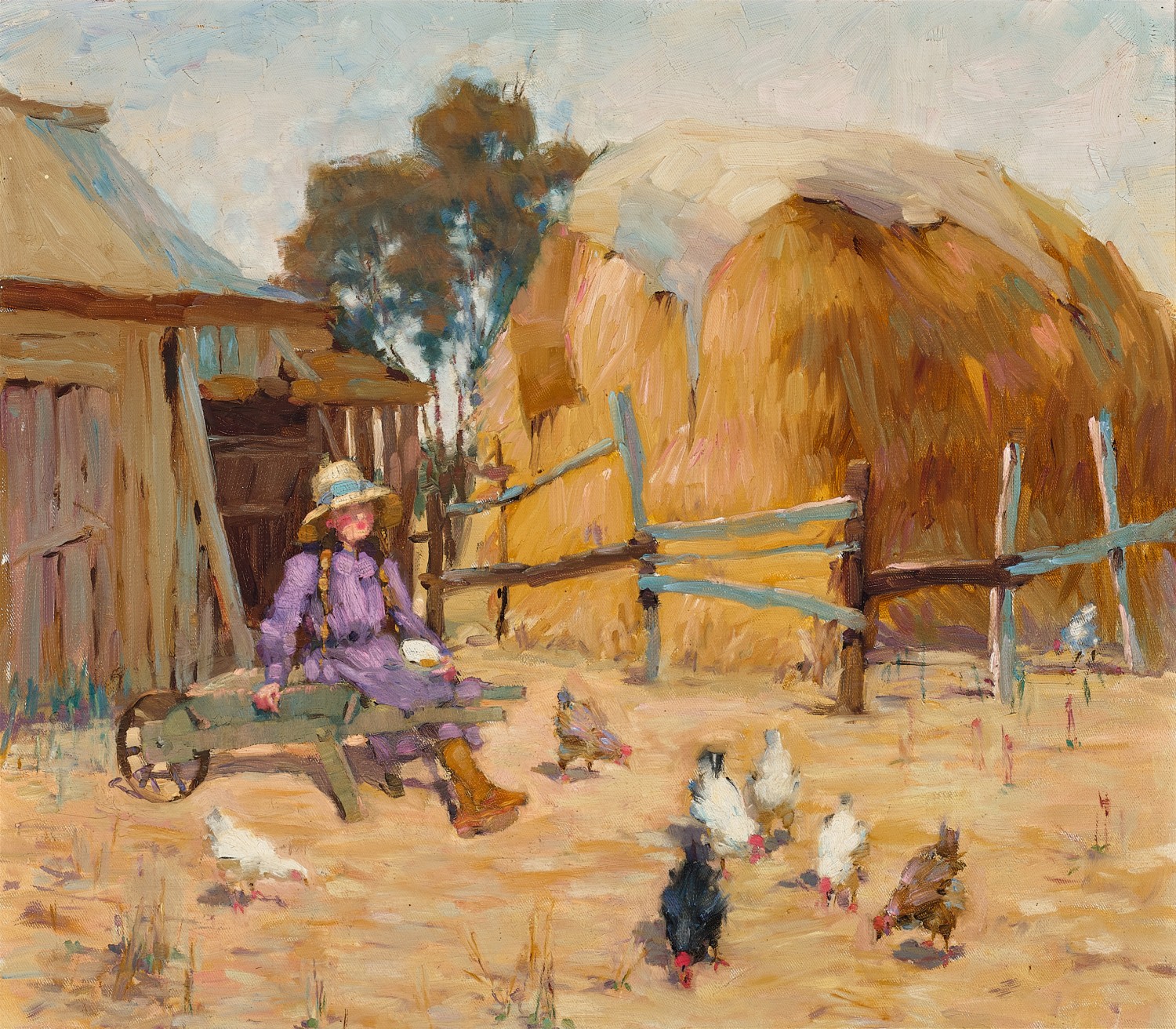 Girl seated on a wheelbarrow in a farmyard