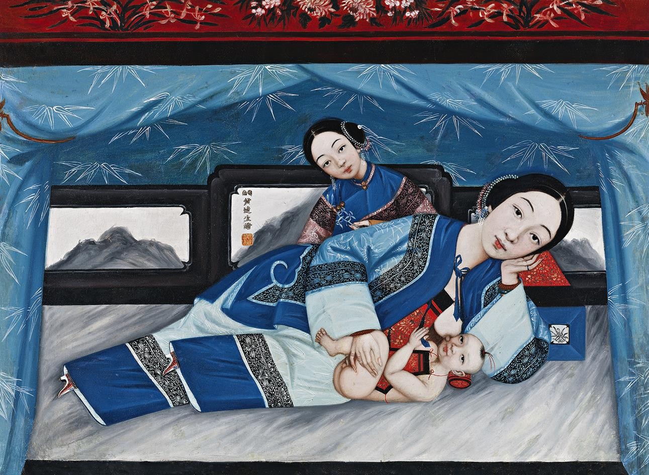 19TH CENTURY CHINESE TRADE PAINTING (RECUMBENT LADY WITH SUCKLING CHILD AND DAUGHTER ON A MARBLE DAY BED)