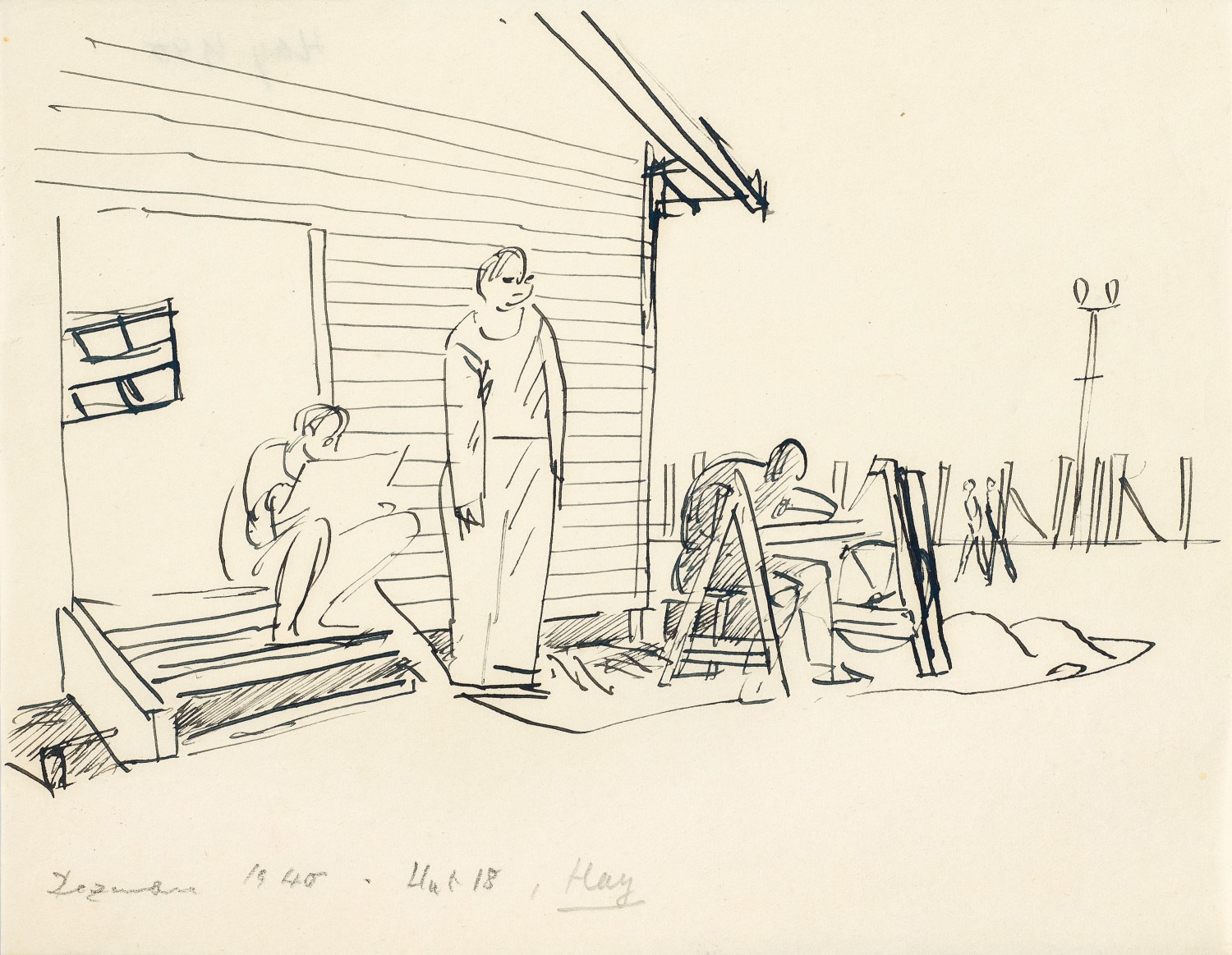 FIGURES OUTSIDE HUT 18, HAY