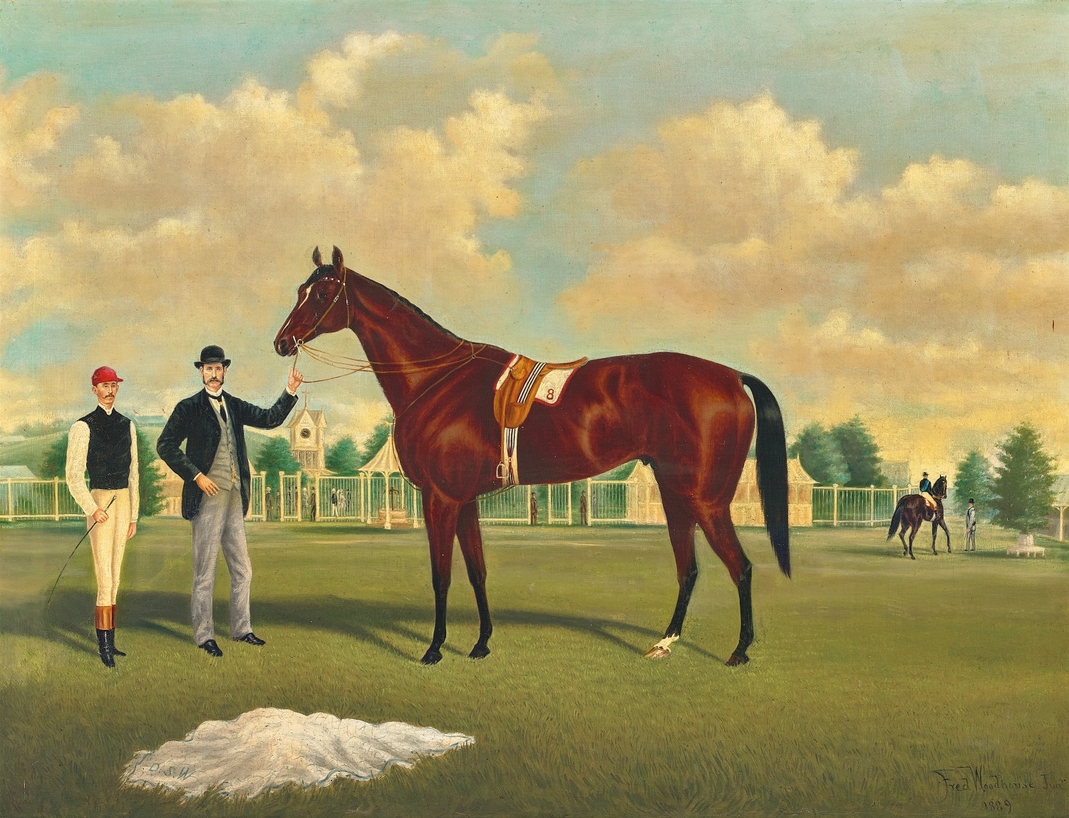 MENTOR, WINNER OF 1888 MELBOURNE CUP, WITH TRAINER WALTER S. HICKENBOTHAM AND JOCKEY MICK O’BRIEN, AT FLEMINGTON