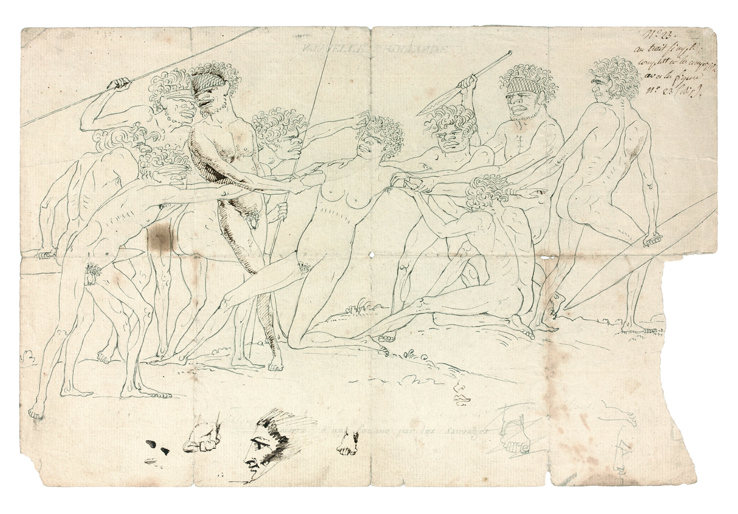RECTO: NOUVELLE HOLLANDE … MASSACRE D’UNE FEMME PAR LES SAUVAGES (ABORIGINAL WOMAN BEING COMPETED FOR BY TWO RIVAL GROUPS OF ABORIGINAL MEN, WITH FIVE FIGURES ON THE LEFT AND FOUR ON THE RIGHT)