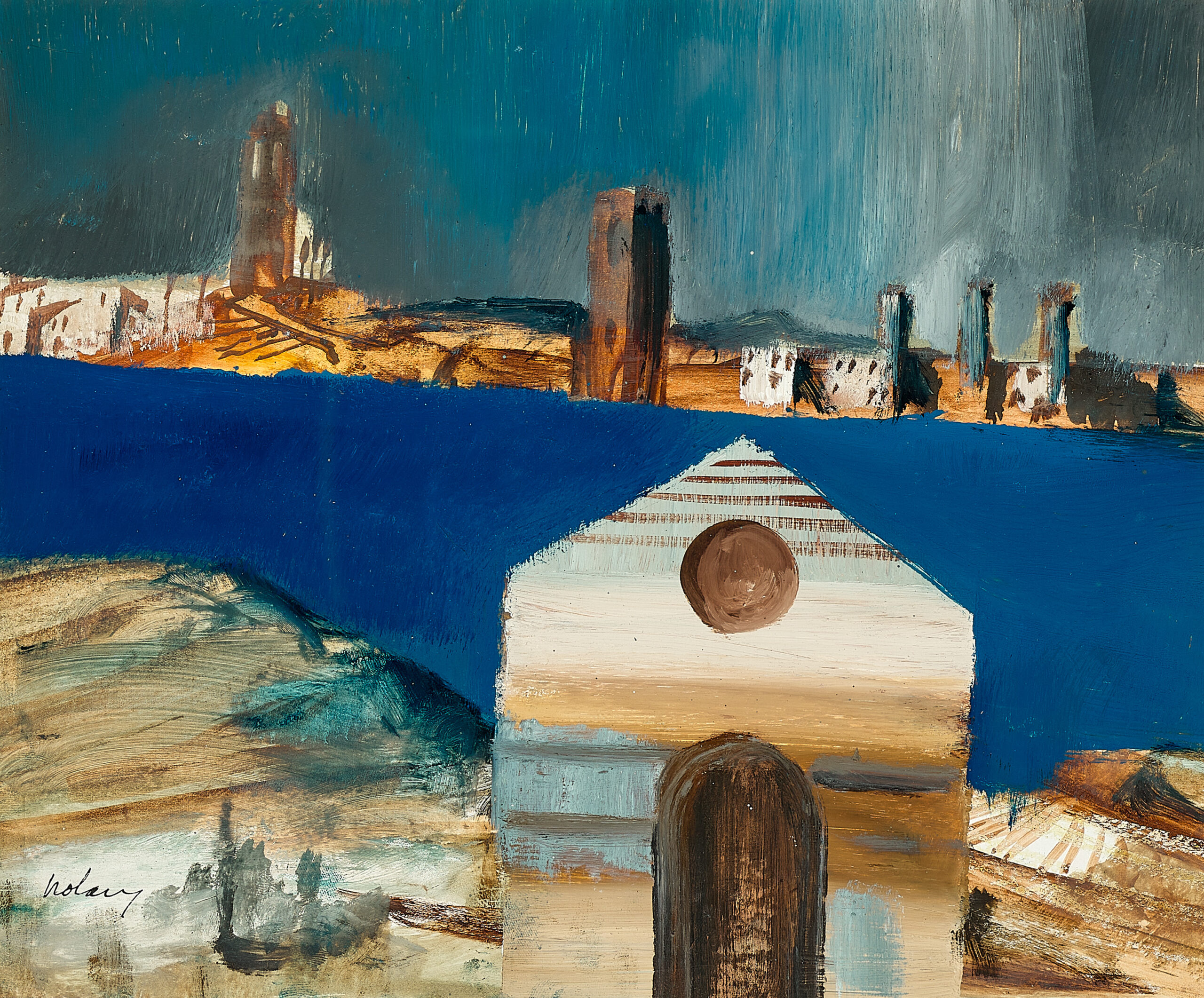 Church with harbour background