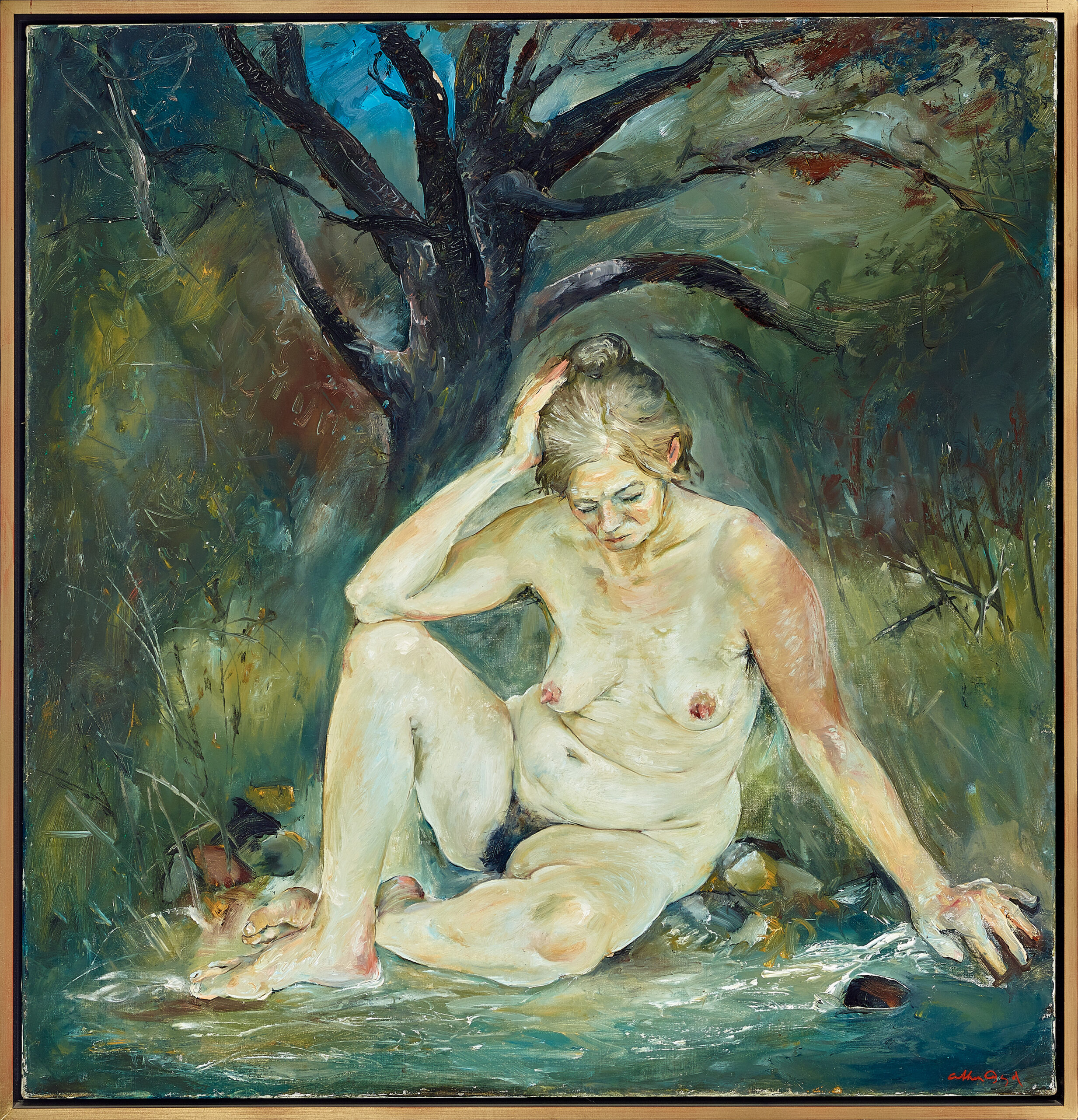 Seated figure by a creek