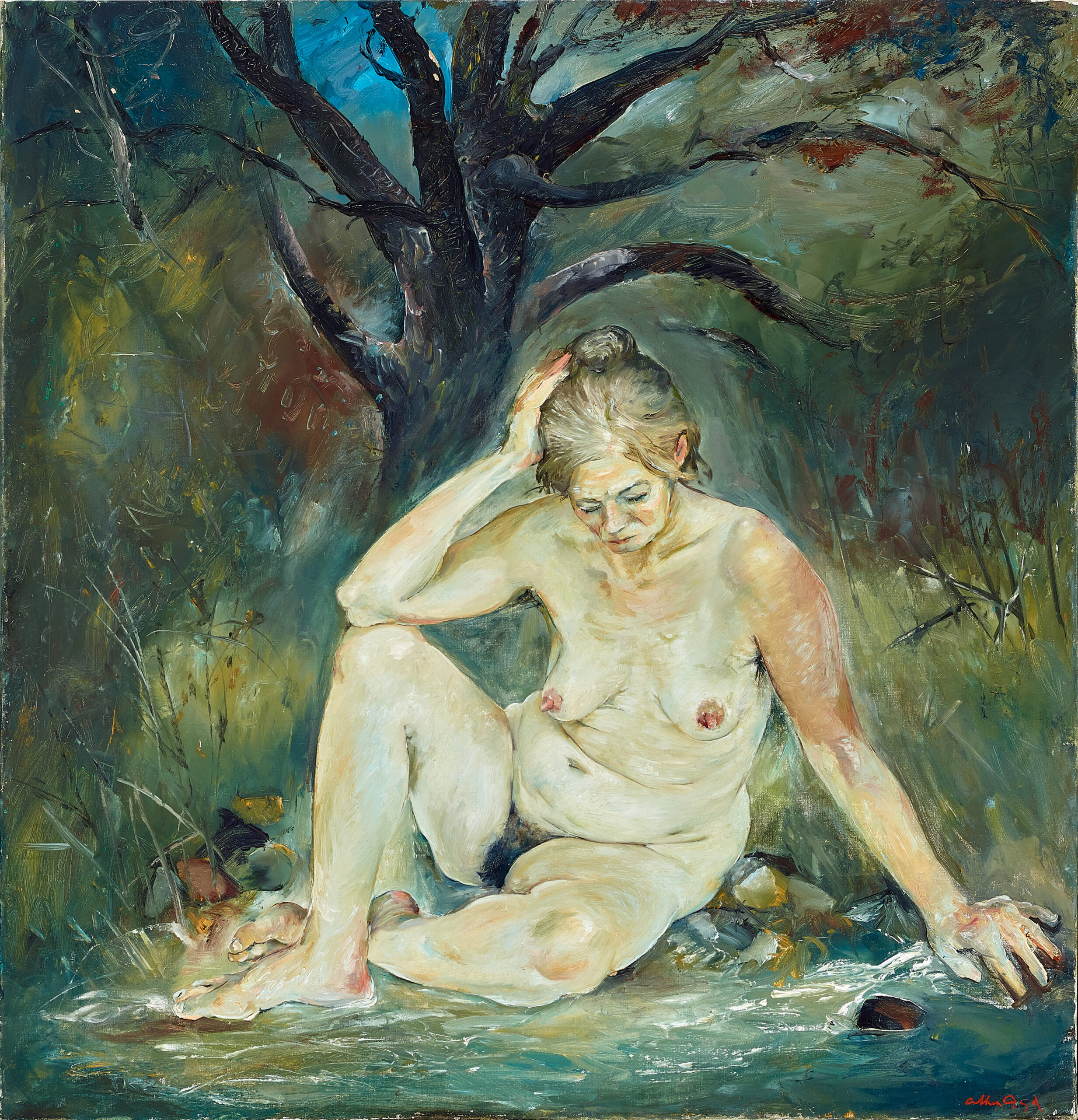 Seated figure by a creek