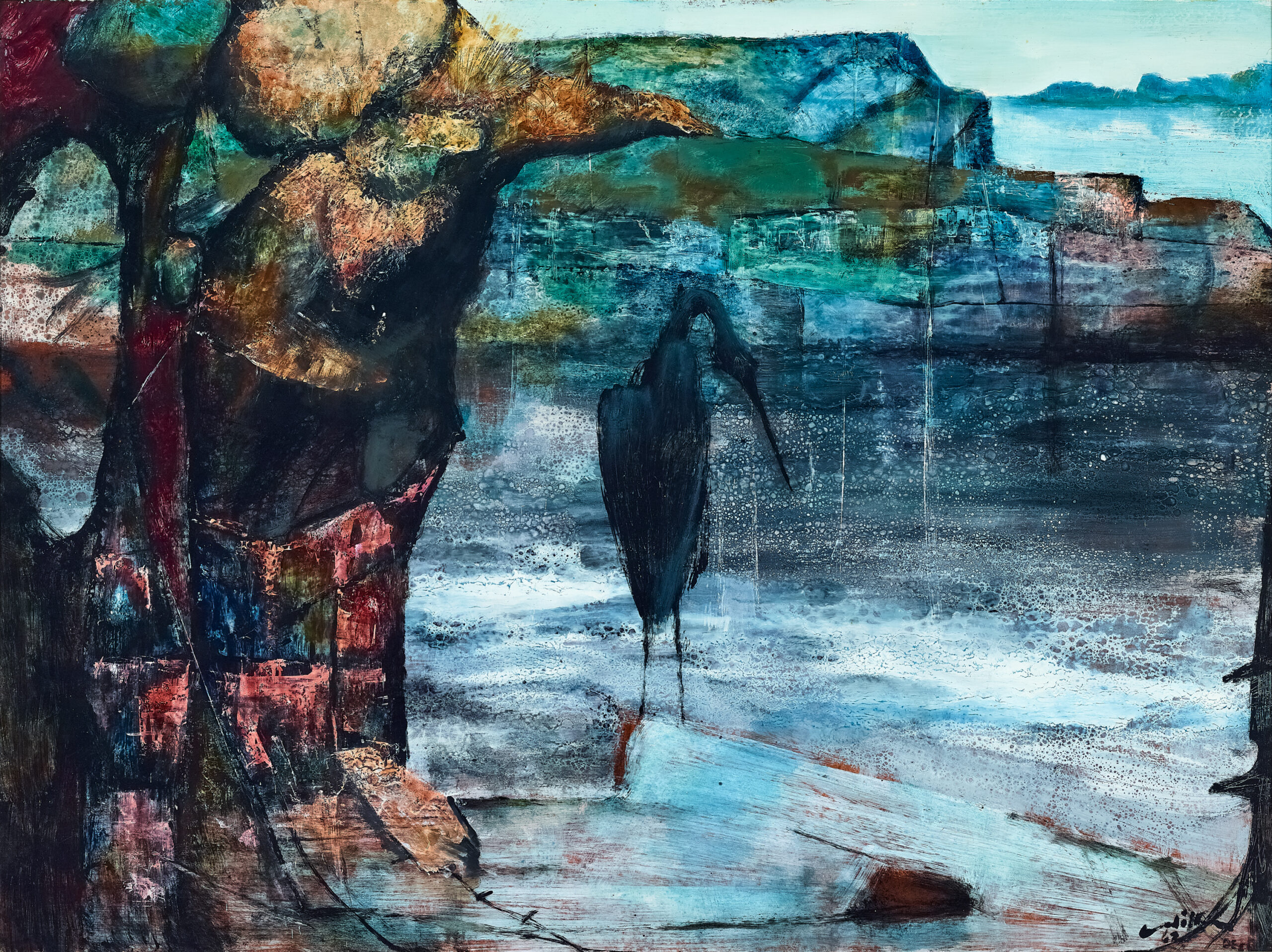 WATER BIRD AND ROCKY LANDSCAPE