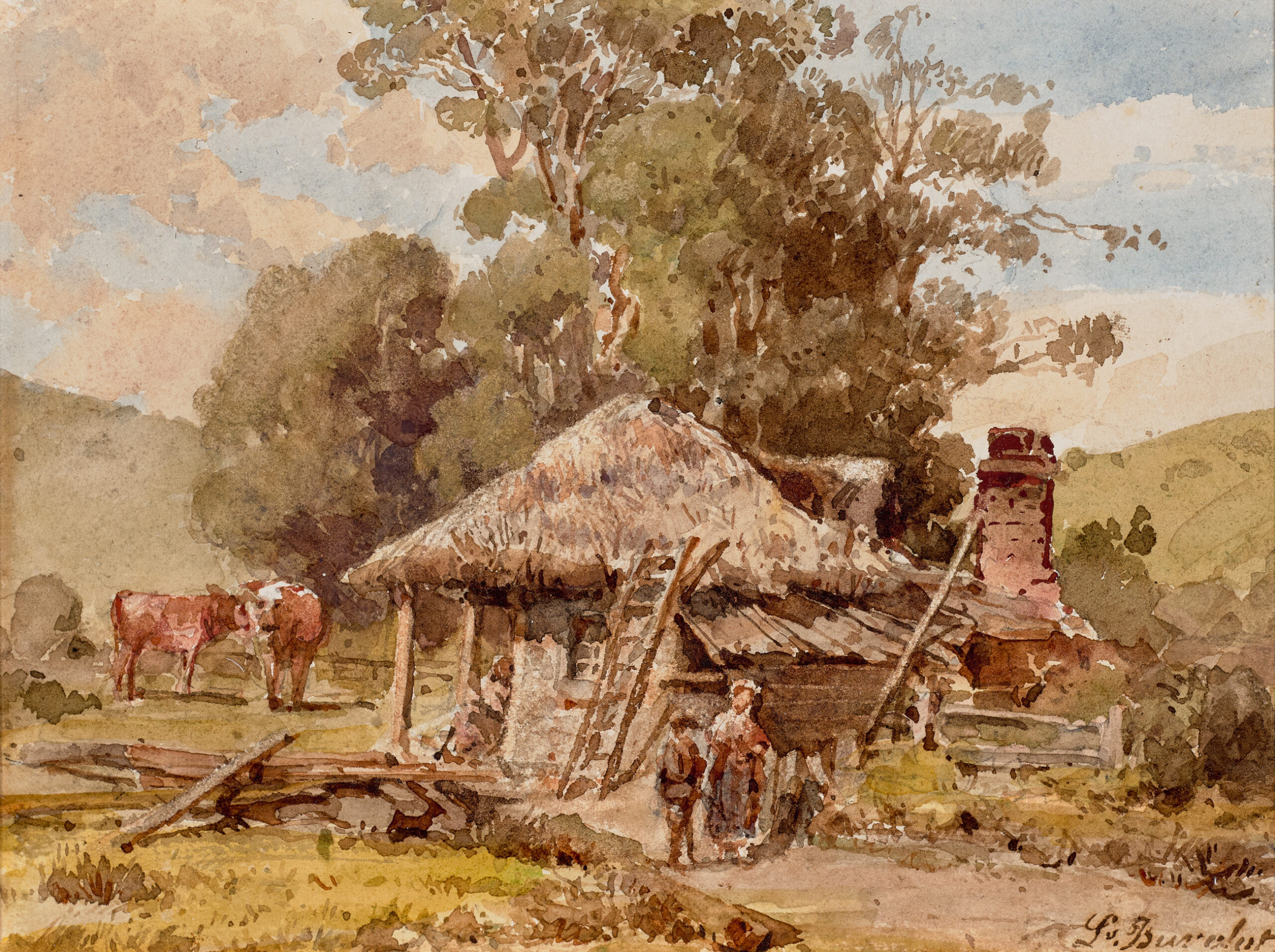 FIGURES OUTSIDE A FARMHOUSE
