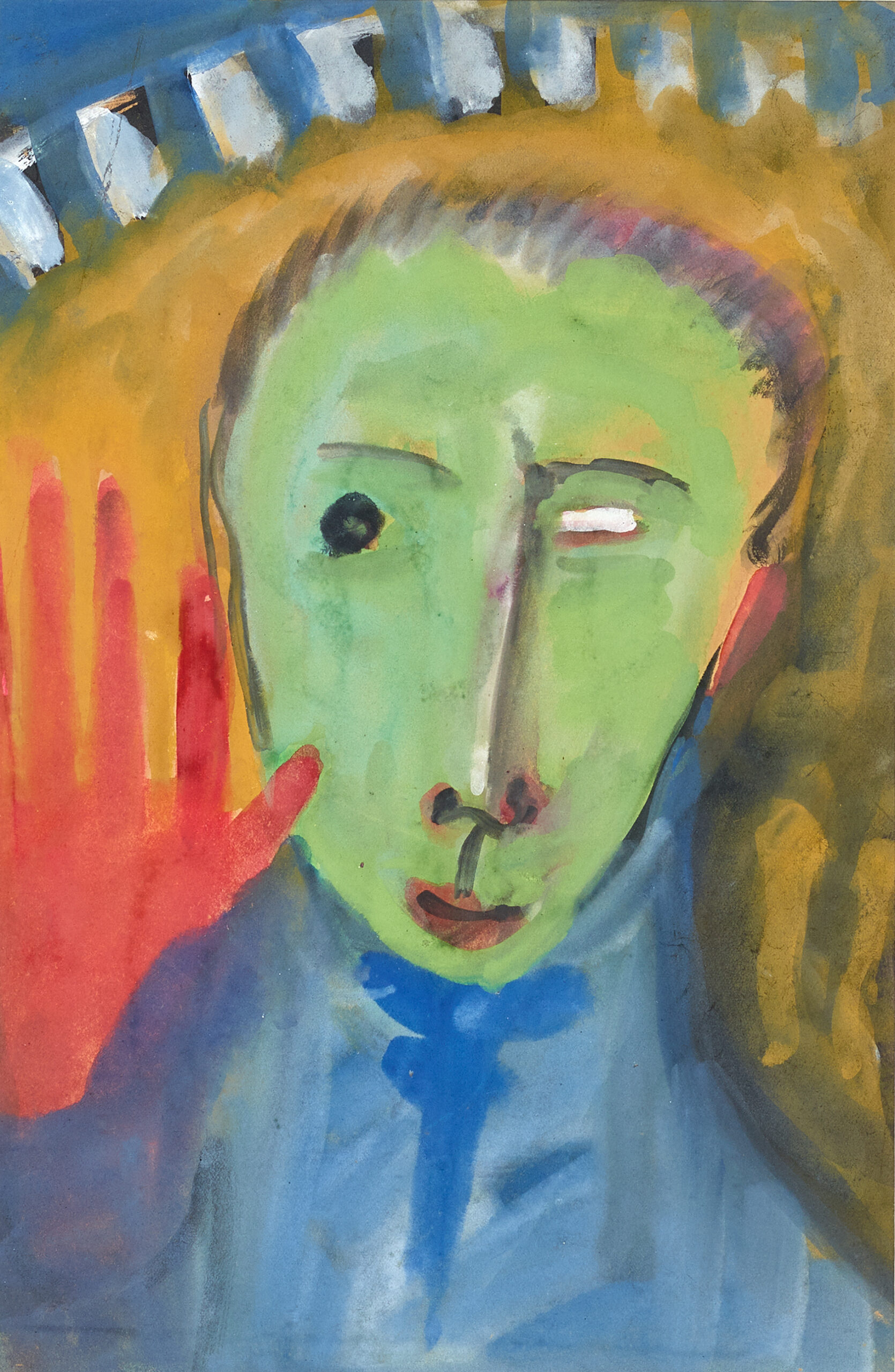 BOY WITH RED HAND AND GREEN FACE