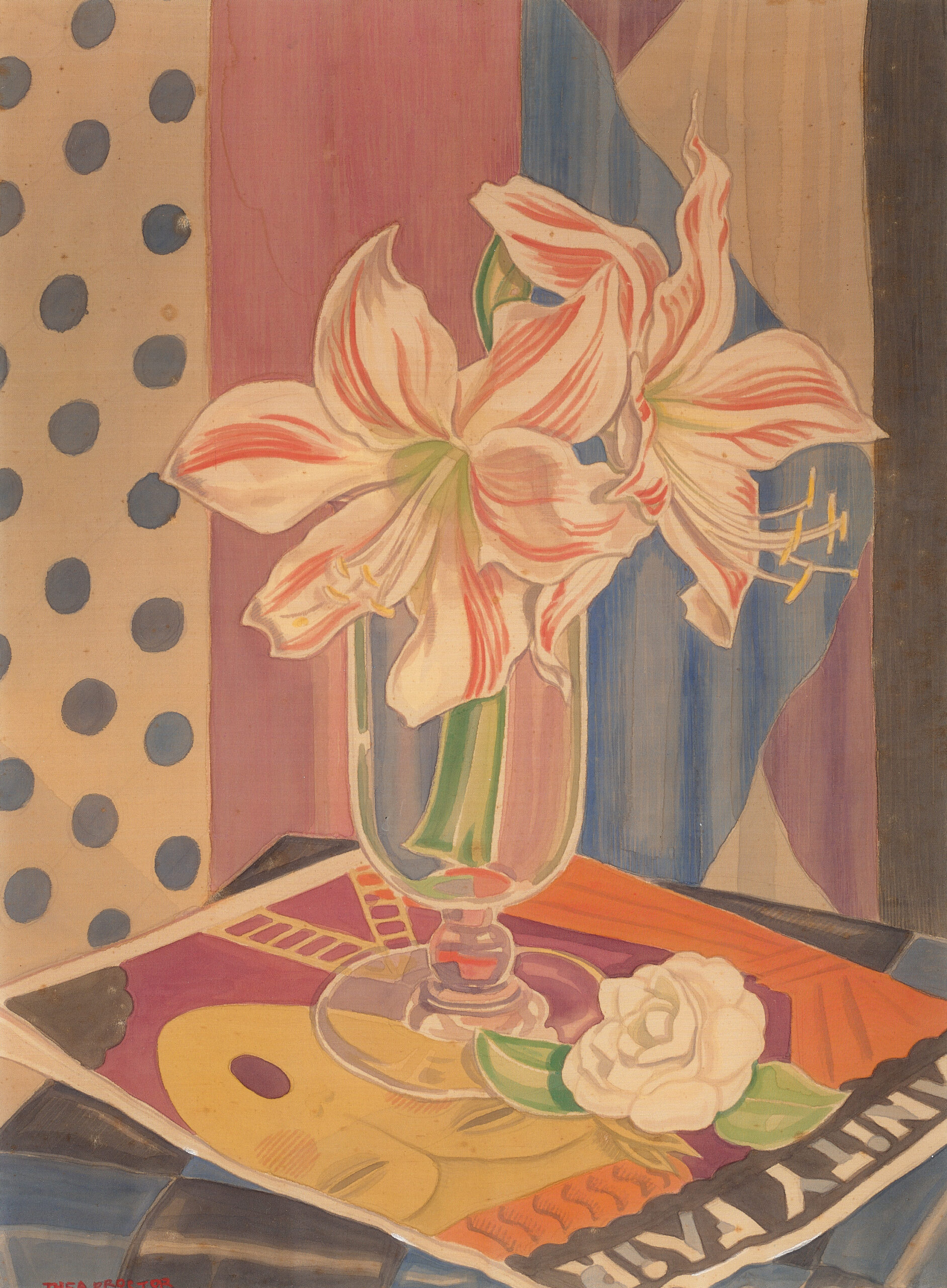 Hippeastrum Lilies in a vase, with Vanity Fair Magazine